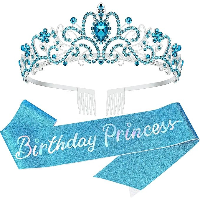 Corona de cumpleaños de princesa azul - Diadema y decoración de tiara de feliz cumpleaños | Amazon (US)