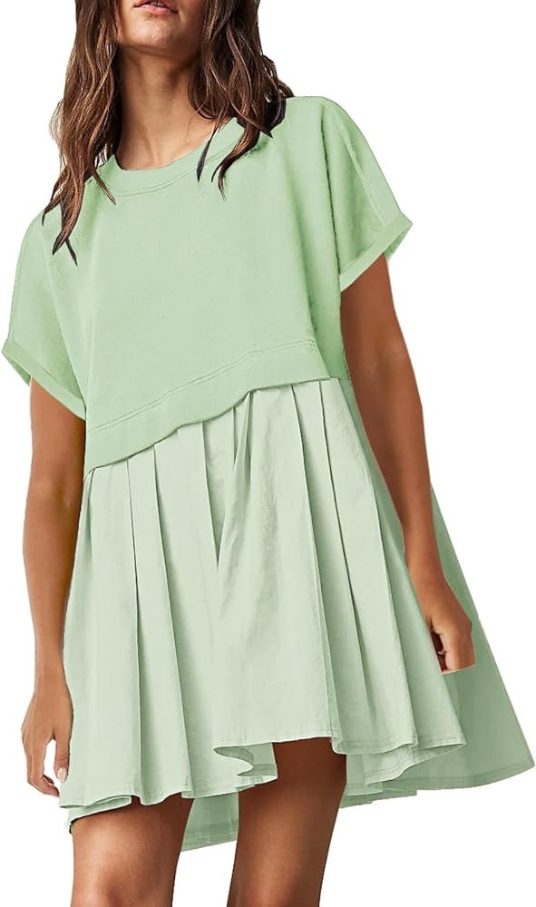 SAUKOLE Womens Summer Crew Neck Short Sleeve Dress Patchwork Pleated A Line Beach Boho Mini Dress | Amazon (US)