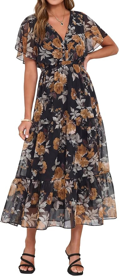 Simplee Womens Floral Boho Maxi Dress Summer Beach Wedding Guest V Neck Ruffle Sleeve Long Flowy ... | Amazon (US)