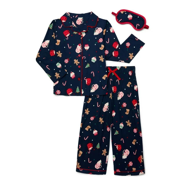 Holiday Time Girls Button Front Pajama Set with an Eye Mask, 3-Piece, Sizes 4-18 & Plus | Walmart (US)