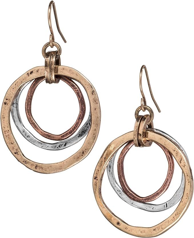 Handmade Sunrise Tricolor Dangle Earrings - Burnished Circles, Copper, Brass and Silverplated | Amazon (US)