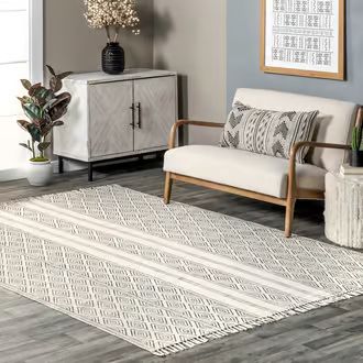 Rugs USA Off White Chembra Block Printed Cotton Flatweave Concentric Diamonds rug - Contemporary Rectangle 3' x 5' | Rugs USA