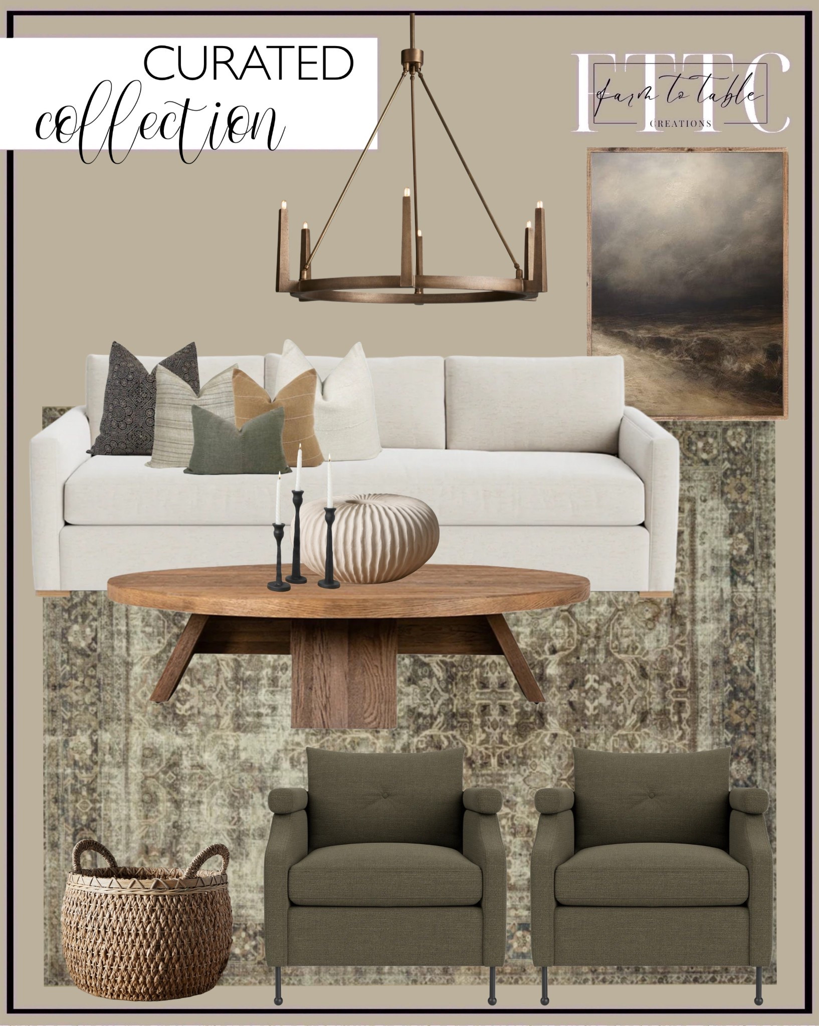 Curated Collection. Follow @farmtotablecreations on Instagram for more inspiration.

‼️Use code FARMTOTABLE for 15% off artwork. 

Washable Loloi Rug. Clegg Lounge Chair. Macy Upholstered Sofa. Harvey Coffee Table. Emmet Round Chandelier. Pillow Combination. Arhaus Round basket. Moody Framed Artwork. Meadow Vase. Iron Candlesticks. 

Living Room | Spring Refresh |  Bedroom Finds | Neutral Stems | Spring Stems | Bookshelf Decor | Bedroom Space | Cozy Corner | Bathroom | Curated Entryway | Spring  Decor | End of Year Clearance | Trending Decor | Viral Decor  | Coffee Table Decor | Neutral Decor | Stem Sale | Target Finds | Skinny Bench | Bedroom | Living Room | Breakfast Nook | Amazon Home | Target Sale | Loloi Rugs | Magnolia Home | console table | console table styling | faux stems | entryway space | front porch decor | neutral decor | entryway decor | cozy home | affordable decor |  home decor | home inspiration | console styling | entryway rug | cozy moody home | moody home decor | neutral home | bathroom decor | living room | spring decor | Hearth & Hand | Studio McGee | 2025 Home Trends | trending home | Walmart Home Finds


#LTKHome #LTKFindsUnder50 #LTKSaleAlert