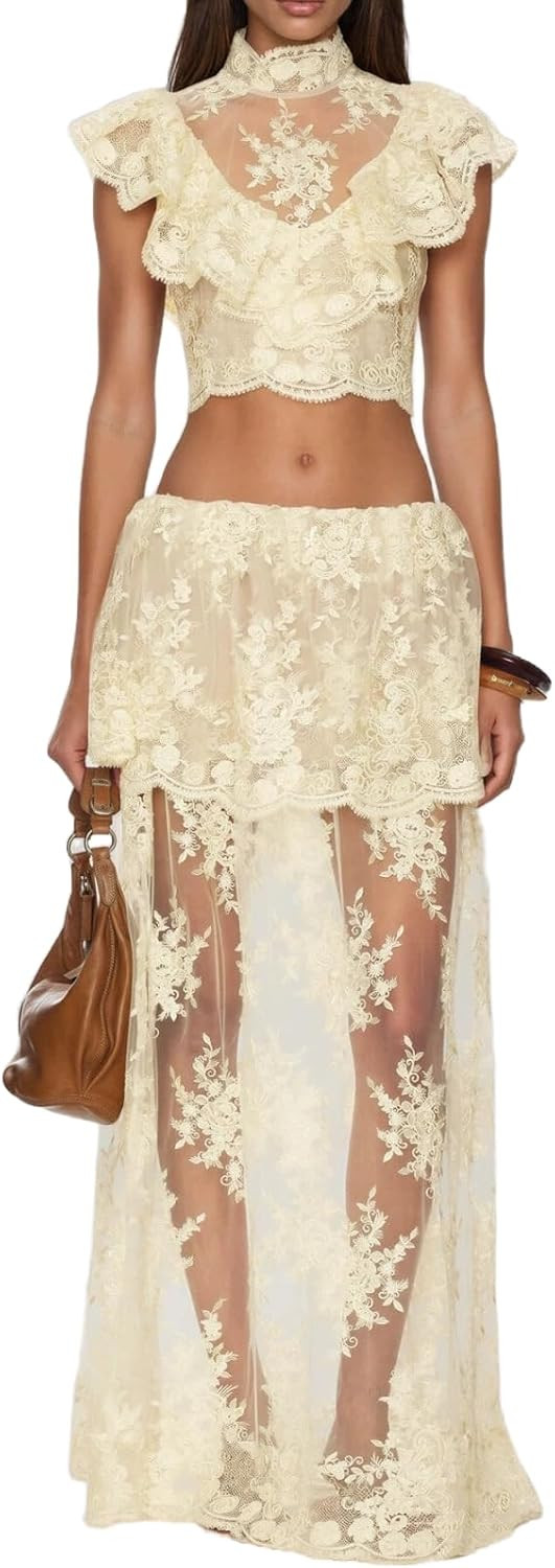 Two Piece Lace See Through Skirts Set Elegant Cap Sleeve Crop Tops Maxi Skirt Summer Night Out Sexy Matching Sets | Amazon (US)