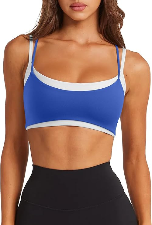 LASLULU Womens Double Layered Sports Bra Spaghetti Straps Workout Yoga Tops | Amazon (US)