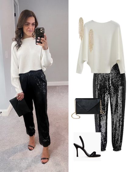 Holiday party outfit idea: sequin jogger, black heel, envelope clutch, batwing sweater 

#LTKstyletip #LTKHoliday #LTKSeasonal