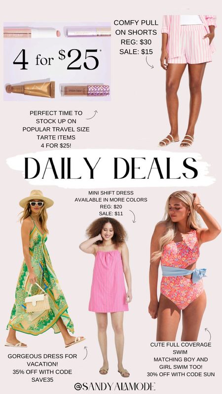 Daily deals // summer outfits // vacation outfit // summer dress // summer swimsuits // mini dress // tarte sale // Vici sale // pull on shorts 

#LTKSaleAlert #LTKSeasonal