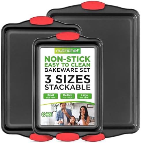 NutriChef 3‑Piece Nonstick Cookie Sheets – Carbon Steel Baking Sheet Set with Non Stick Coati... | Amazon (US)