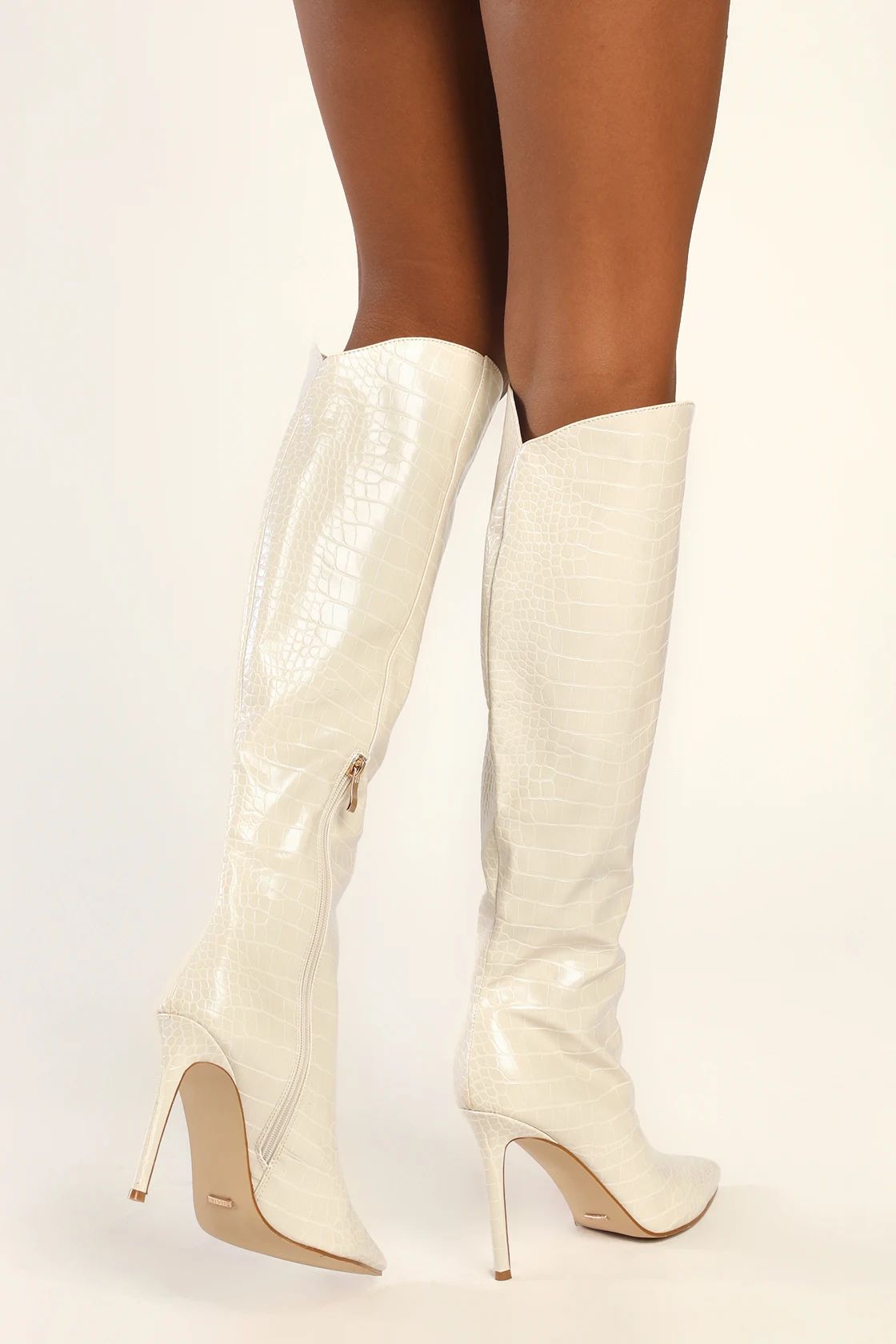 Salaya Ivory Crocodile-Embossed Pointed-Toe Knee-High Boots | Lulus (US)