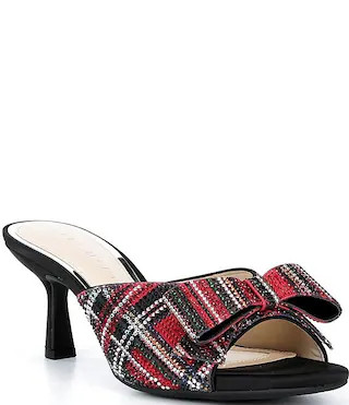Bridget Plaid Rhinestone Embellished Bow Slide Sandals | Dillard's