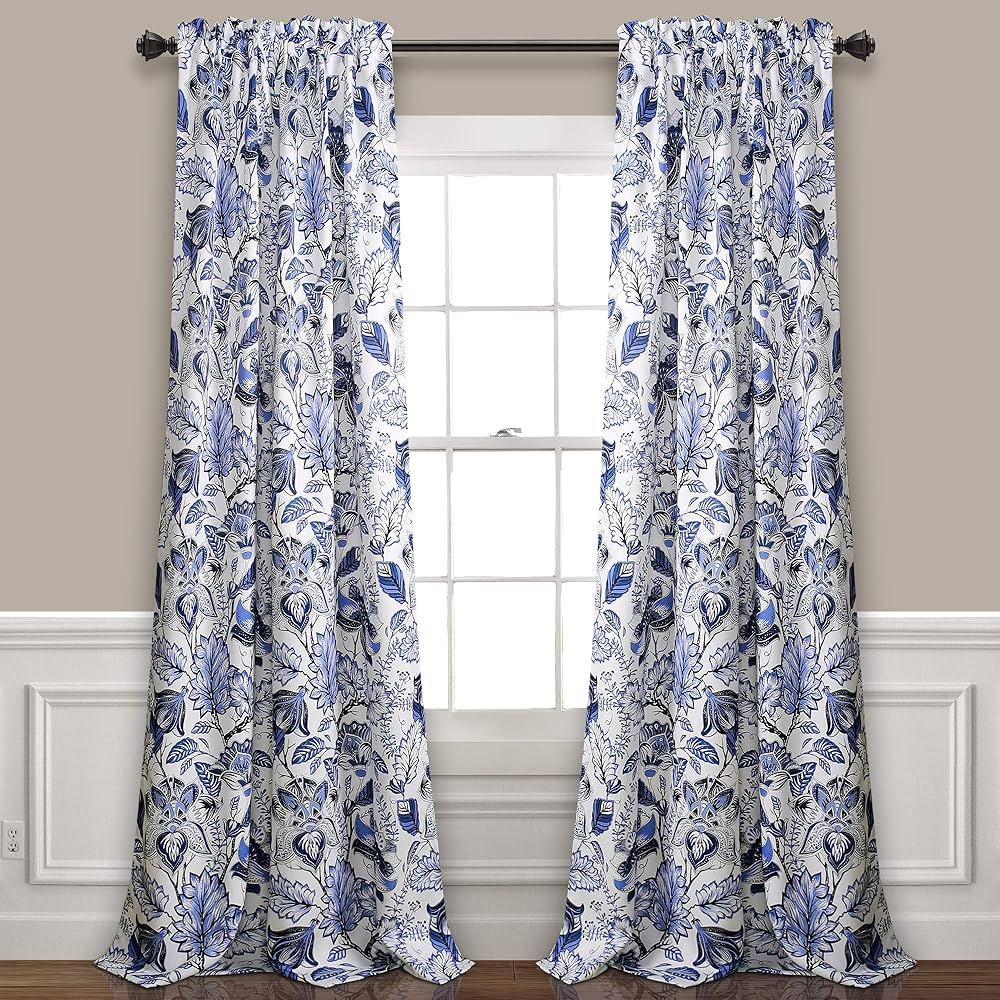 Lush Decor Cynthia Jacobean Light Filtering Window Curtain Set, 84" L Panel Pair, Blue, 2 Count | Amazon (US)