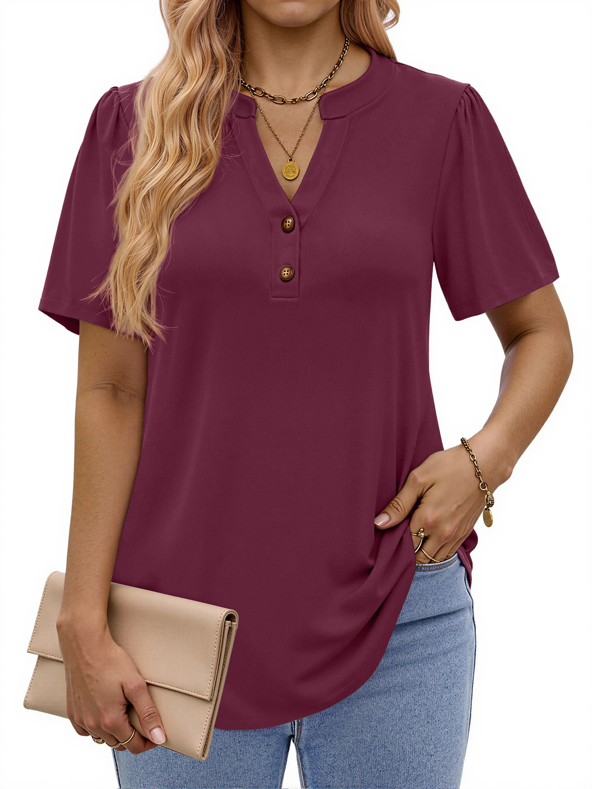 Fantaslook V Neck Henley Blouses for Women Dressy Casual Tops Summer Short Sleeve Shirts Fashion ... | Walmart (US)