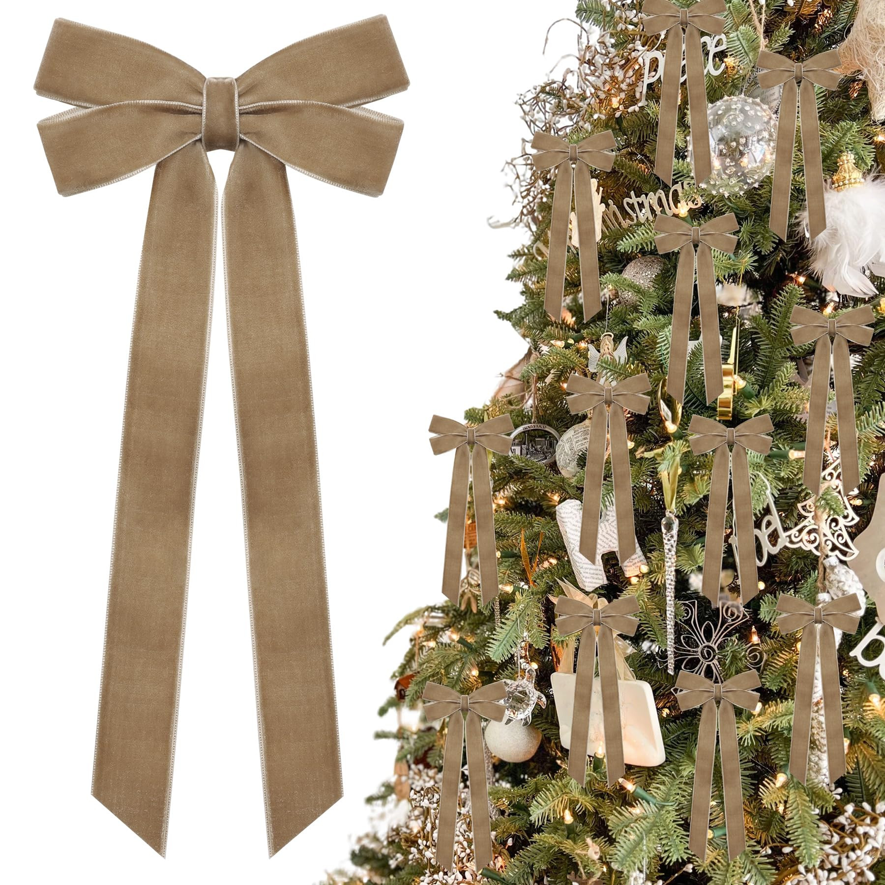12Pcs Neutral Velvet Ribbon Bows Christmas Tree Decorations,5in x 10in Vintage Xmas Ornaments for... | Amazon (US)