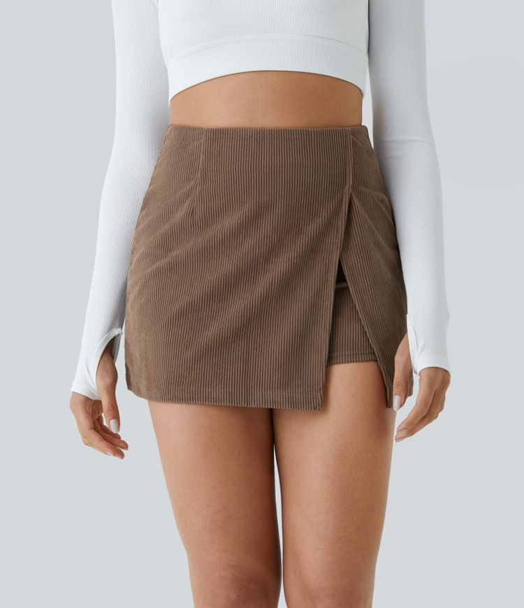 Women’s High Waisted Back Zipper Split Hem 2-in-1 Corduroy Casual Skirt - Halara | HALARA