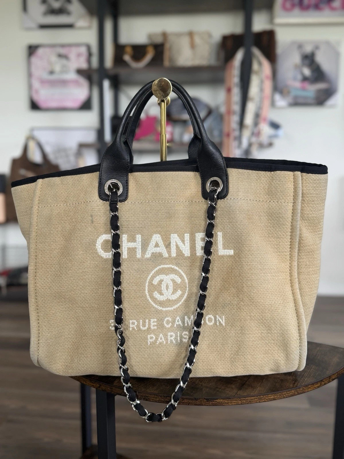 SOLD CHANEL Deauville Tote Beige Canvas/Leather Removable Straps | eBay US