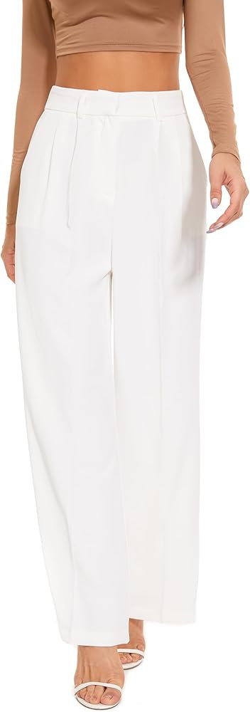FUNYYZO Wide Leg Pants Women's High Elastic Waisted in The Back Business Work Trousers Long Strai... | Amazon (US)