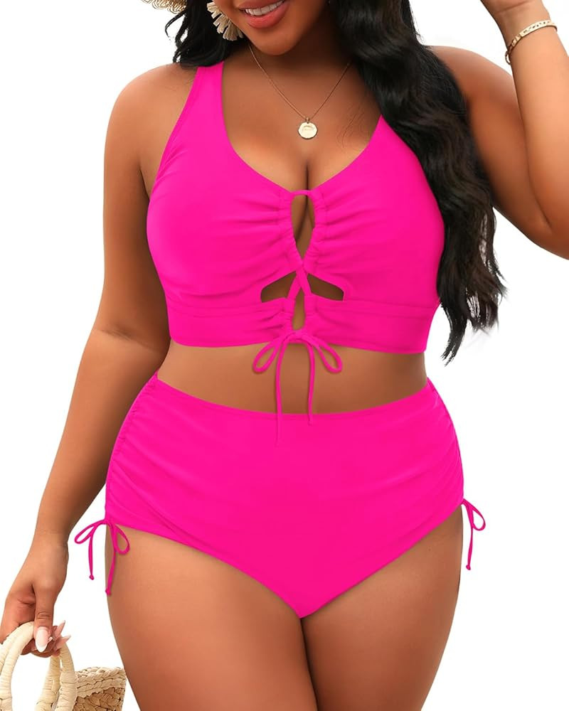 Women Plus Size Two Piece Swimsuit - Tummy Control Bikini Sexy Lace Up Bathing Suits Cutout Swimw... | Amazon (US)