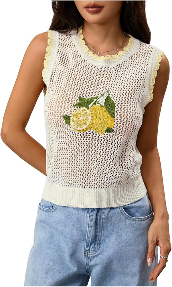 Verdusa Women's Y2K Crochet Hollow Out Cherry Print Tank Tops Contrast Trim Sleeveless Tops | Amazon (US)