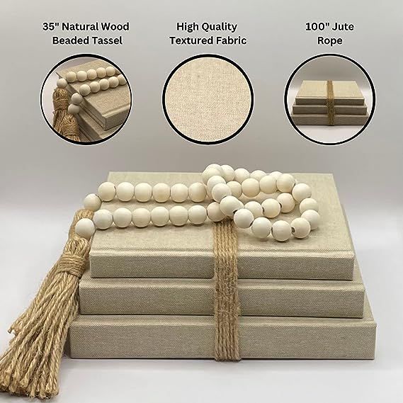 Linen Covered Decorative Books, Set of 3 - Neutral Home Decor Coffee Table Books with Wooden Bead... | Amazon (US)