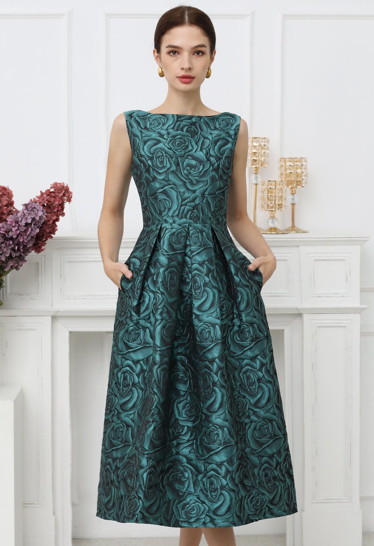Majestic Rose Realm Sleeveless Midi Dress in Teal | Chicwish
