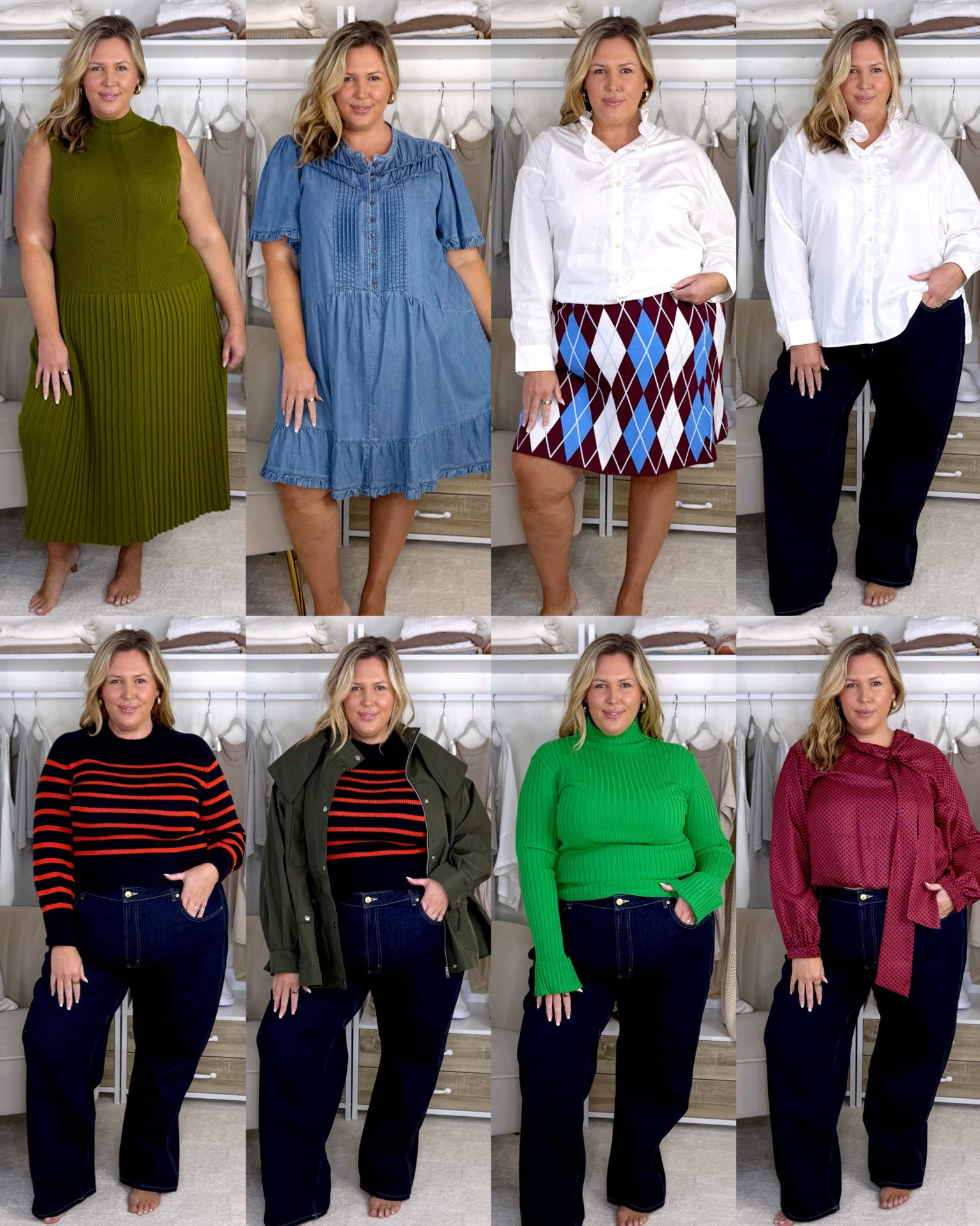 NYM Walmart haul! First dress is a 2X but runs generous. The first jeans are a 20 and don’t fit and the second pair are a 18 and don’t fit. The green dress is a 2X. The denim dress is a 2X and runs generous. Skirt is a 2X and white button up is a 2X. Striped sweater is an XL and is fitted. Green jacket is a 2X and runs generous. The green sweater is a 2X. Red blouse is a 2X. Plus size, outfit inspo, fall fashion, apron belly