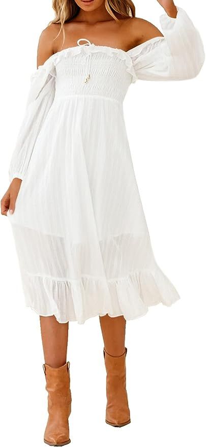 R.Vivimos Women's Linen Fall Long Sleeves Stripes Ruffled Boho Casual A-Line Flowy Midi Dresses | Amazon (US)