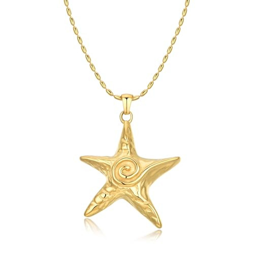 NUZON Large Gold Starfish Pendant Necklace for Women 18K Gold Plated Stainless Steel Sea Star Beaded Chain Necklace Boho Summer Beach Jewelry 18’’ | Amazon (US)