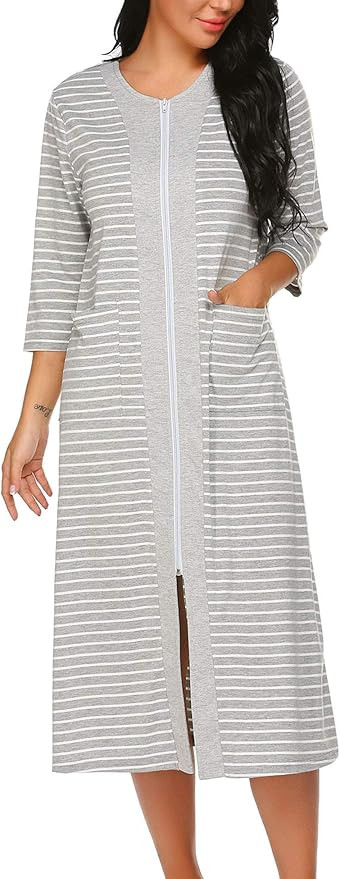 Ekouaer Zipper Front Robes Short Sleeve & Half Sleeve Housecoat Long Housedress Loose Bathrobes w... | Amazon (US)