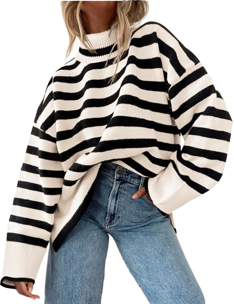 AGSEEM Fall Sweaters for Women Pullover Long Sleeve Turtleneck Striped Cable Knit Side Slit Tops ... | Amazon (US)