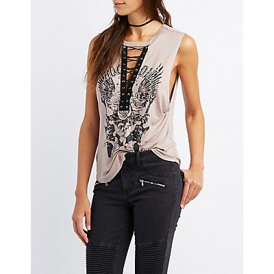 Graphic Lace-Up Tank Top | Charlotte Russe