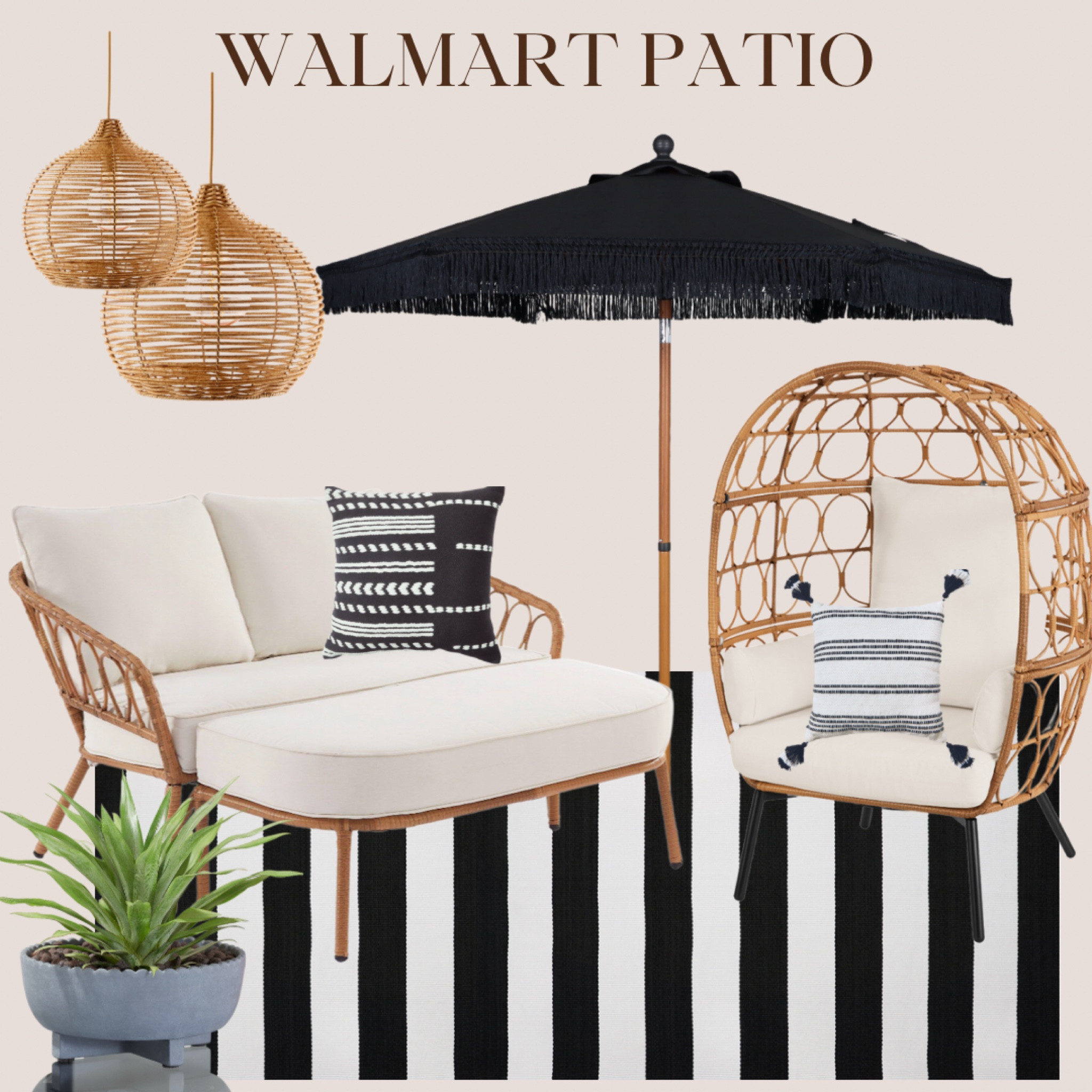 Patio furniture, black and white, outdoor rug, rattan, fringe umbrella, egg chair, rattan outdoor furniture, Walmart, outdoor styling, boho patio, solar pendant, outdoor lighting, outdoor pillows, modern, scallop planter

#LTKFind #LTKhome #LTKSeasonal