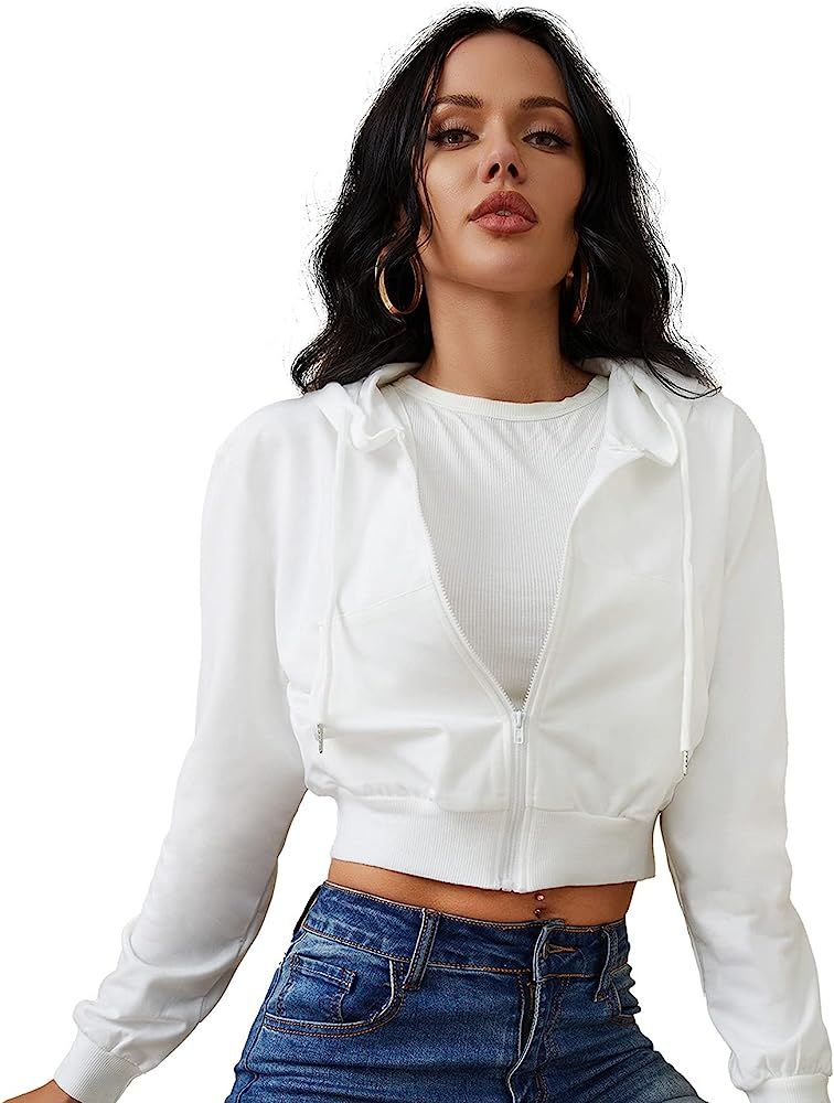 Women's Zip Up Hoodies Cropped Cardigan Jacket Drawstring Hooded Sweatshirts Casual Long Sleeve T... | Amazon (US)