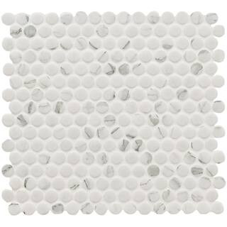 Penny Round Carrara White 11.3 in. x 12.2 in. Matte Porcelain Mesh-Mounted Mosaic Tile (0.96 sq. ... | The Home Depot