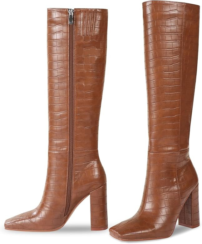 ISNOM Women's Knee High Boots, Black Crocodile, Square Toe, Chunky Heel, Full Side Zipper Boots | Amazon (US)