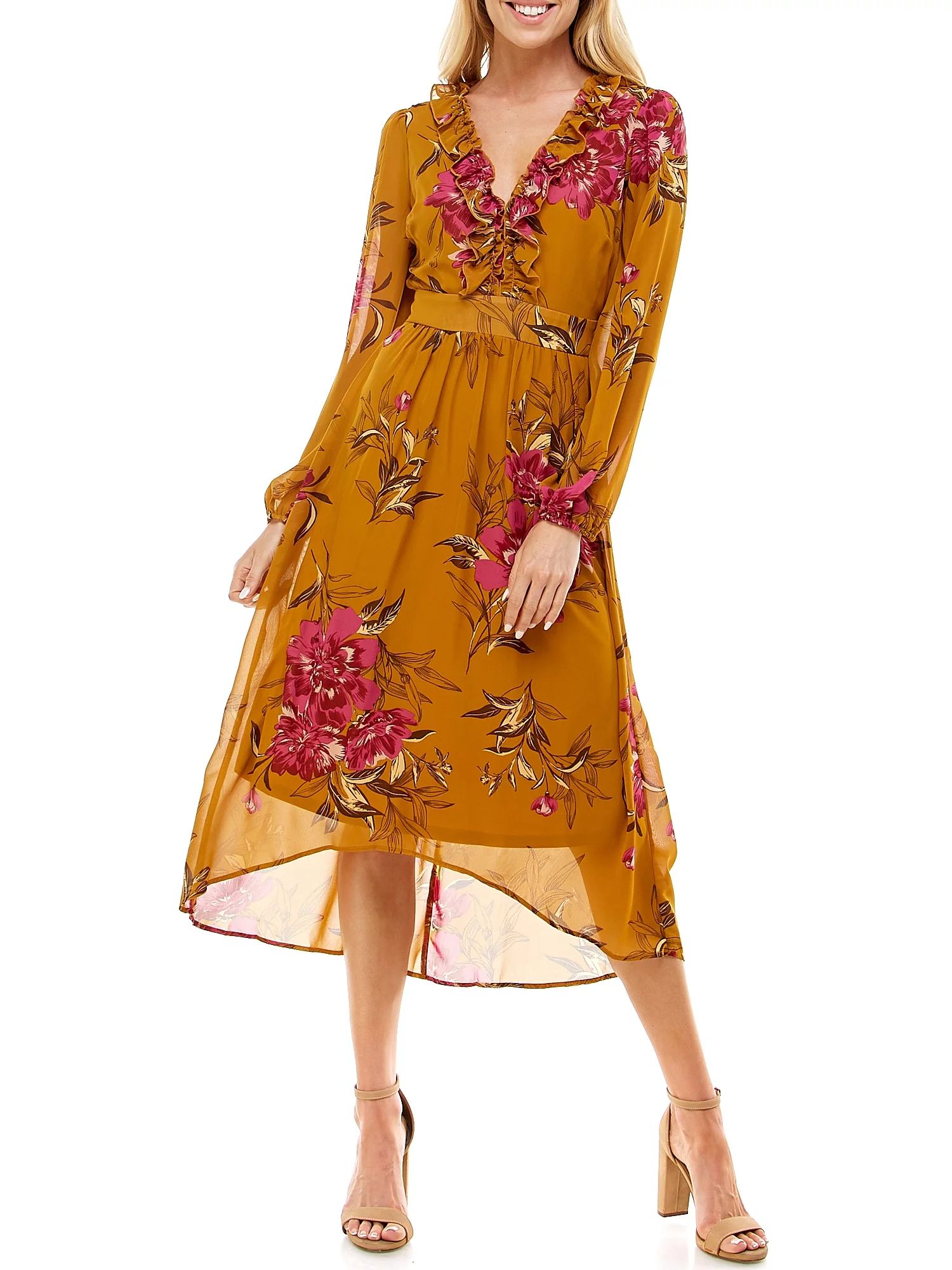 June & Hudson Women's Junior High-Low Ruffle Floral Print Dress - Walmart.com | Walmart (US)