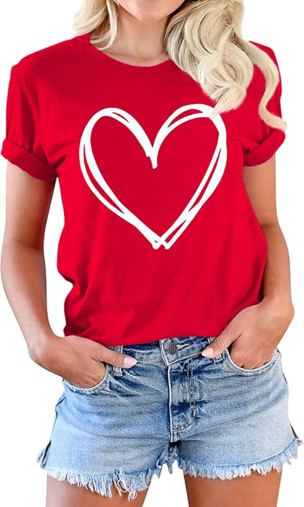 Beopjesk Womens Valentine's Day Graphic Tees Short Sleeve Heart Printed Shirts Blouse Tops | Amazon (US)