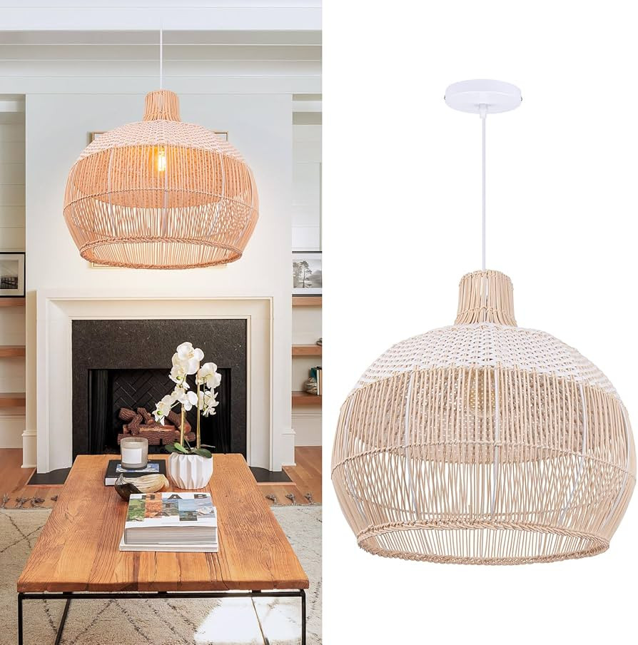 Arturesthome White Handwoven Rattan Boho Pendant Lighting Fixtures, Wicker Hanging Ceiling Light ... | Amazon (US)