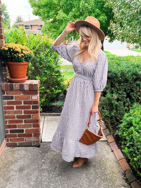Gingham maxi dress from Amazon Fashion - felt fedora hat - brown accessories - Amazon Fashion - fall fashion - Thanksgiving outfit - outfit ideas 

#LTKSeasonal #LTKunder50 #LTKunder100