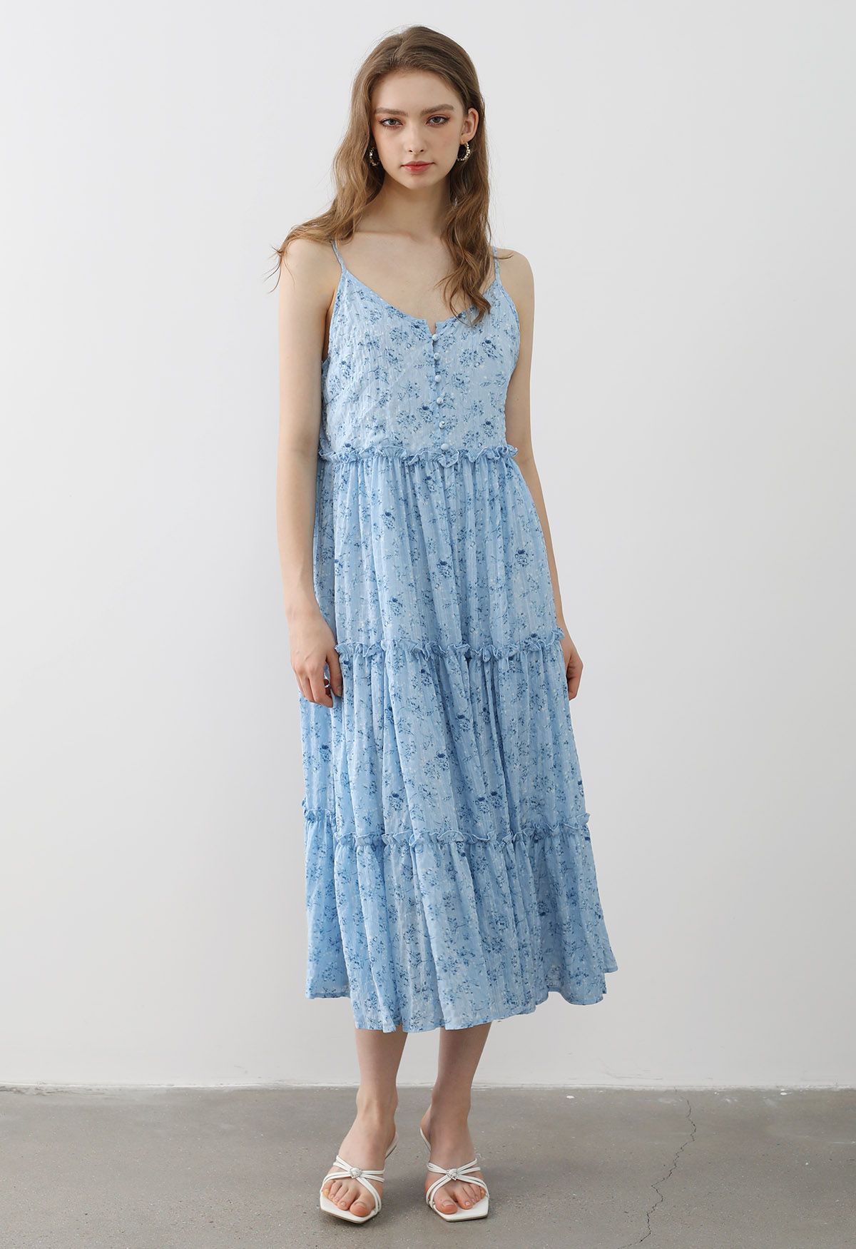 Floral Front Buttoned Ruffled Trim Cami Midi Dress in Blue | Chicwish