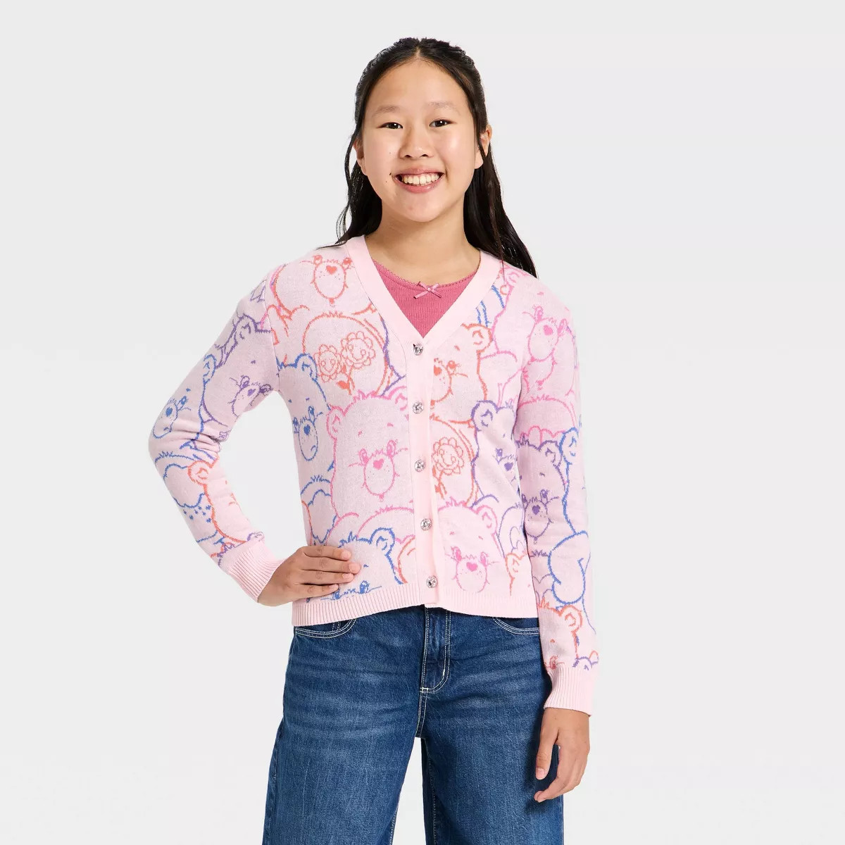 Girls' Care Bears Button-Down Cardigan Sweater - Pink L | Target