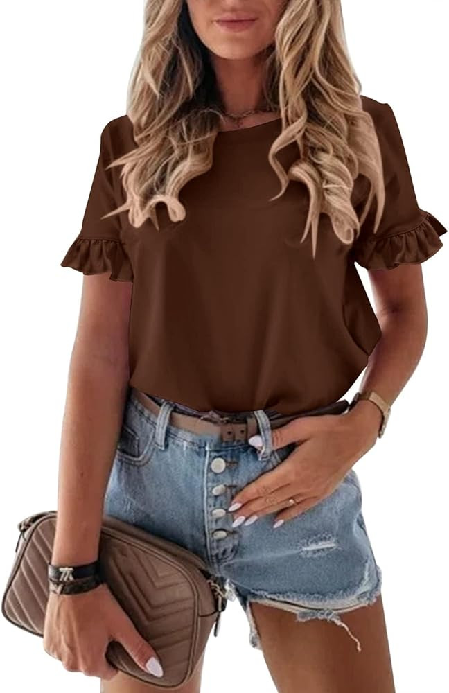 PRETTYGARDEN Women's Short Sleeve Casual T Shirts Cute Ruffle Summer Tops | Amazon (US)