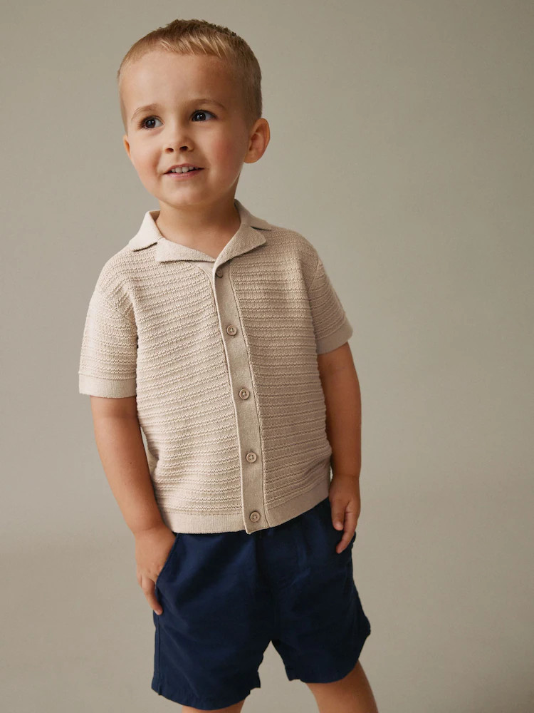 Neutral Revere Collar Short Sleeve Knitted Polo Shirt (3mths-7yrs) | Next US