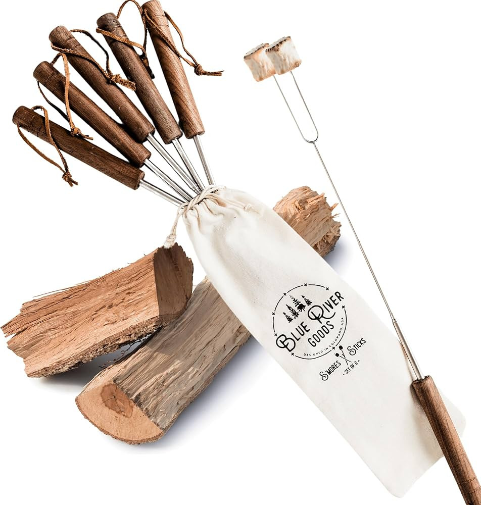 Smores Sticks | Set of 6 Marshmallow Sticks for Fire Pit | Stainless Steel w/Walnut Handles | Smo... | Amazon (US)