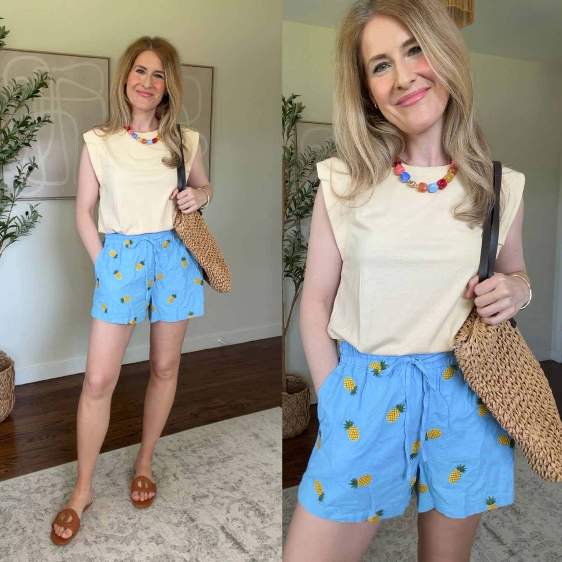 Summer outfit over 40 in this Amazon top and pineapple linen blend pull on soft shorts at Walmart. Size medium in each. #walmartfashion #amazonfashion

#LTKOver40
