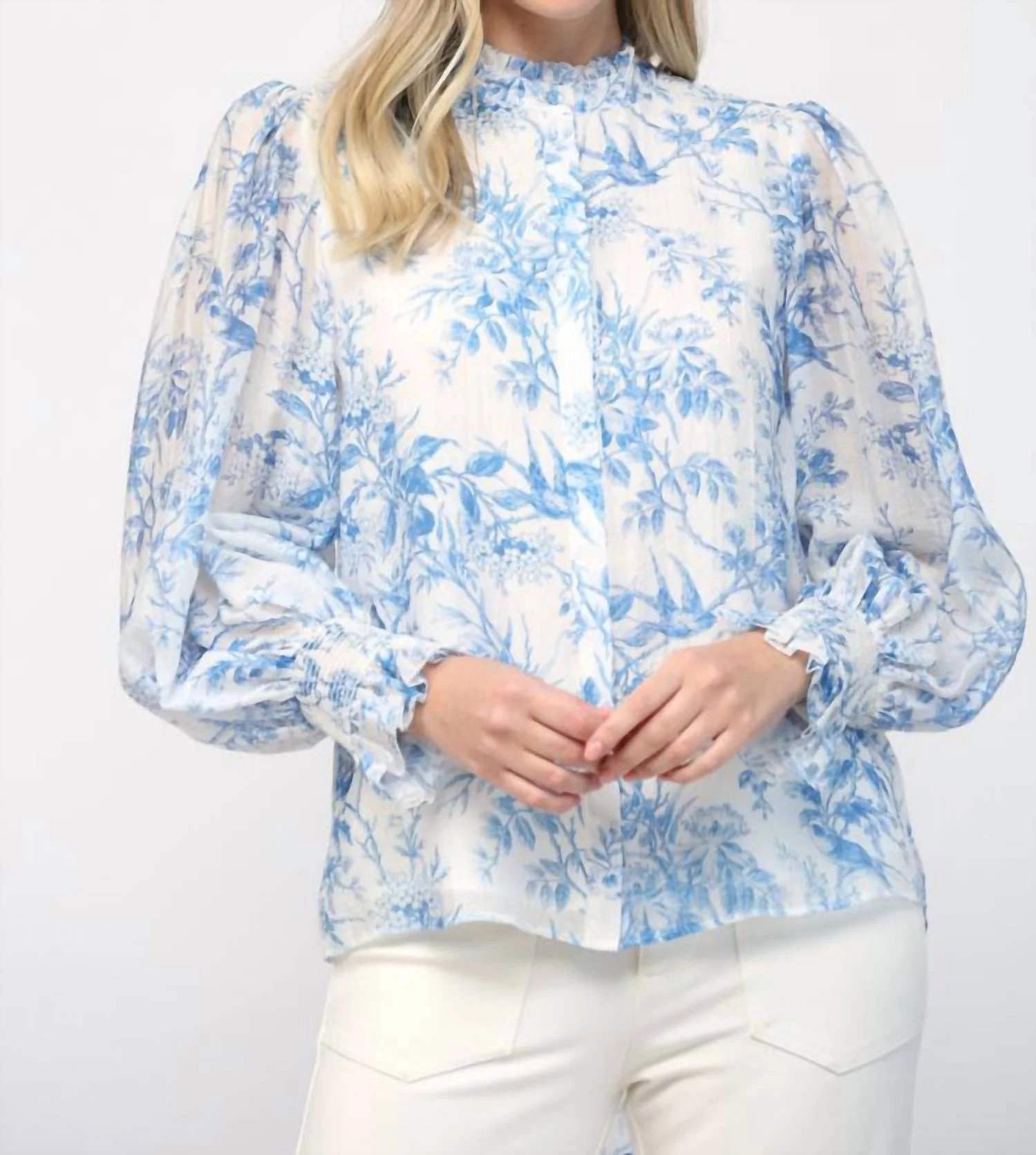 Elegance In Bloom Floral Ruffle Neck Blouse In Blue/white | Shop Simon