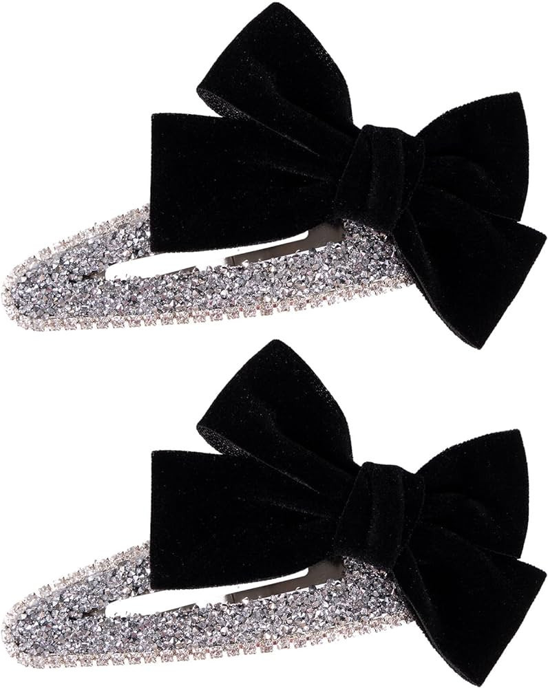 Black Velvet Bow Decor Snap Hairpins Glitter Silver Rhinestone Hair Clip Alligator Barrettes Wome... | Amazon (US)