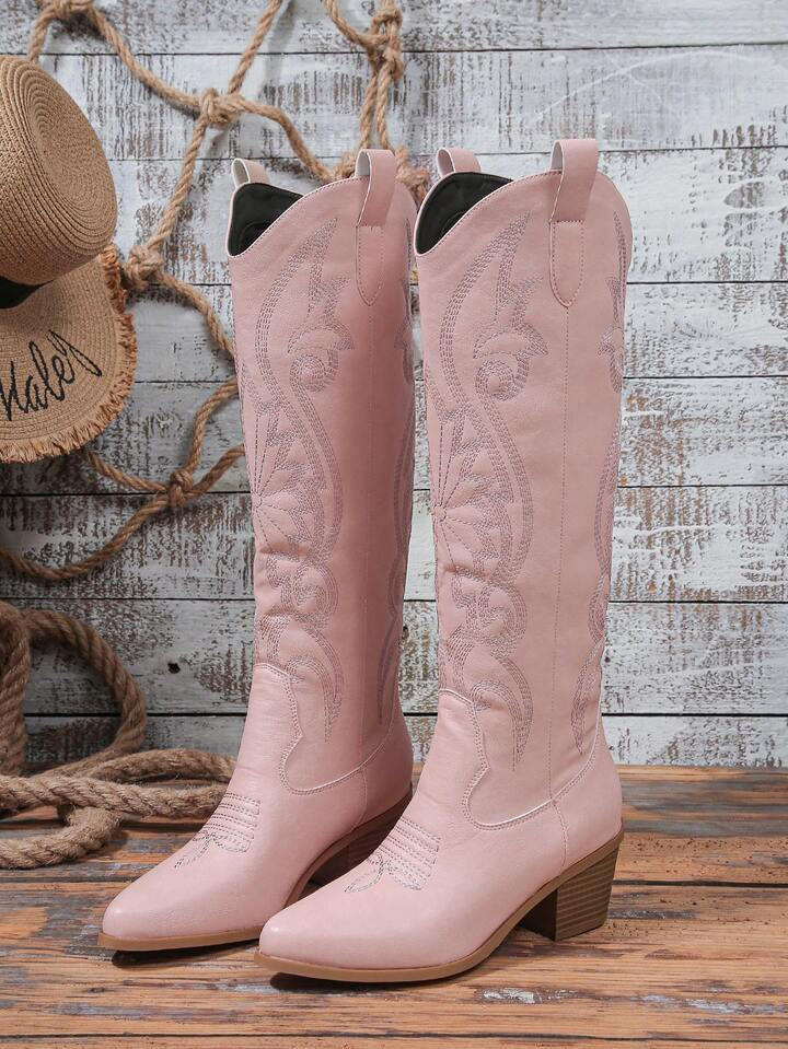 2025 Autumn/Winter New Women's Plus Size Pointed Toe Chunky Heel Embroidered Western Cowboy Knee-High Boots, Outdoor Fashion Slip-On | SHEIN