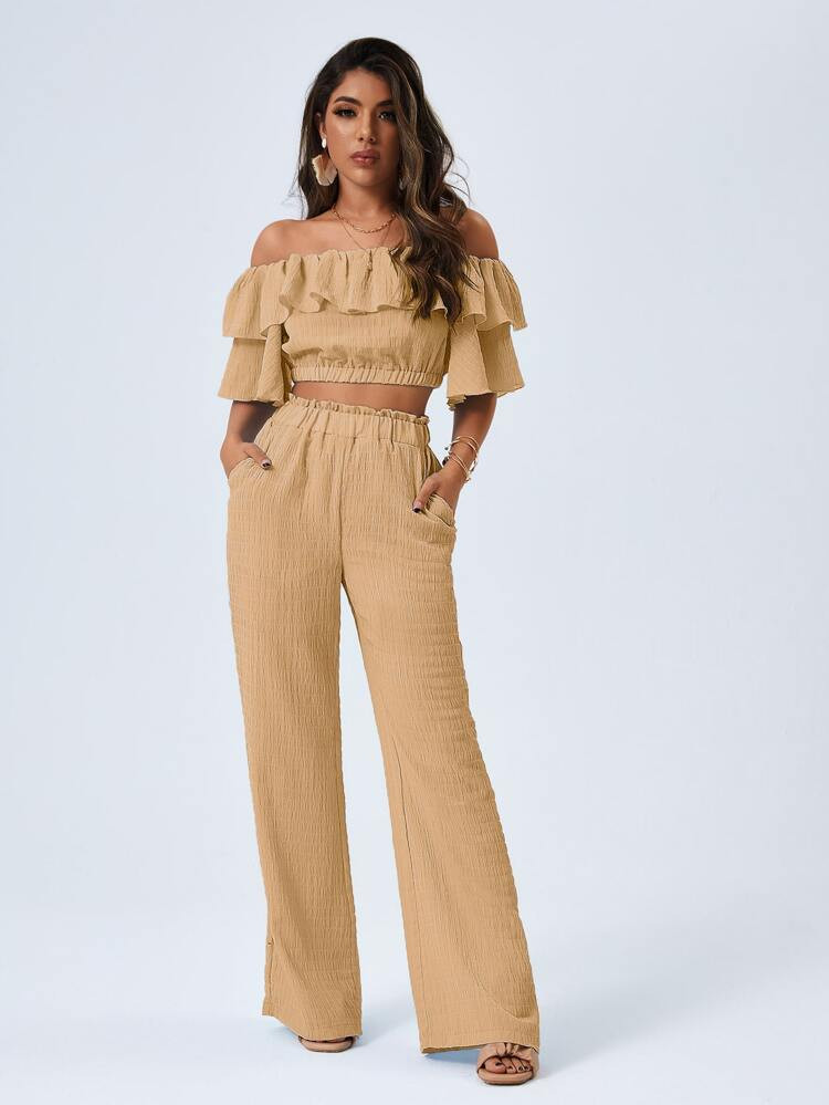 Off Shoulder Crop Top & Paperbag Waist Pants Set | SHEIN