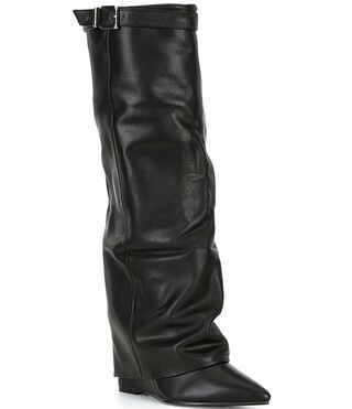 Corenne Leather Foldover Buckle Strap Tall Wedge Boots | Dillard's