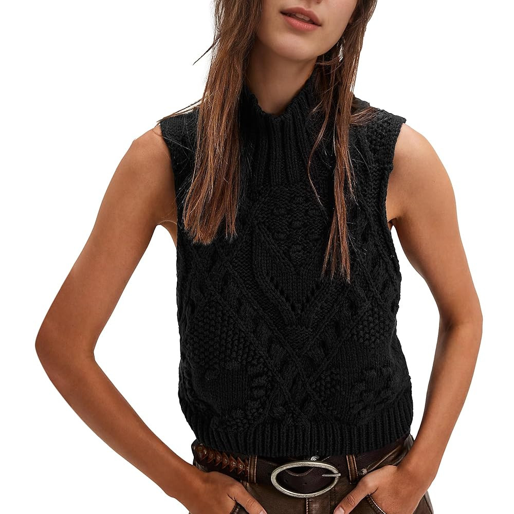 Hixiaohe Turtleneck Crochet Sweater Vest Fall Fashion Knit Sleeveless Tank Tops for Women Lightwe... | Amazon (US)